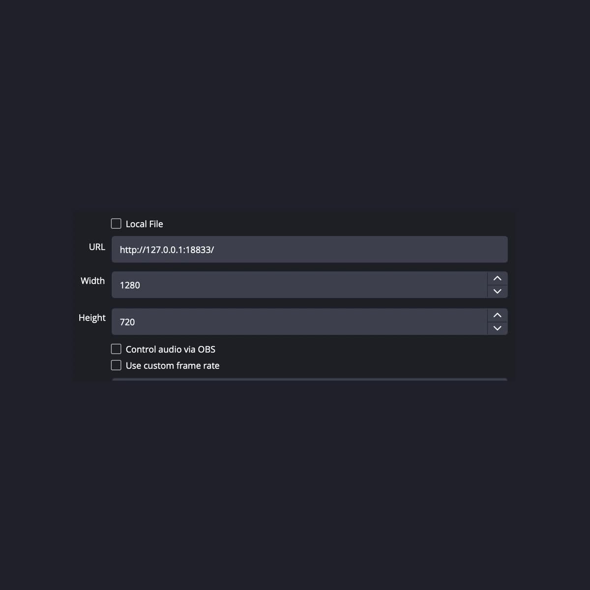Cấu hình Browser Source trong OBS Studio 33.0.0 trên macOS với URL thử cục bộ và kích thước 1280×720