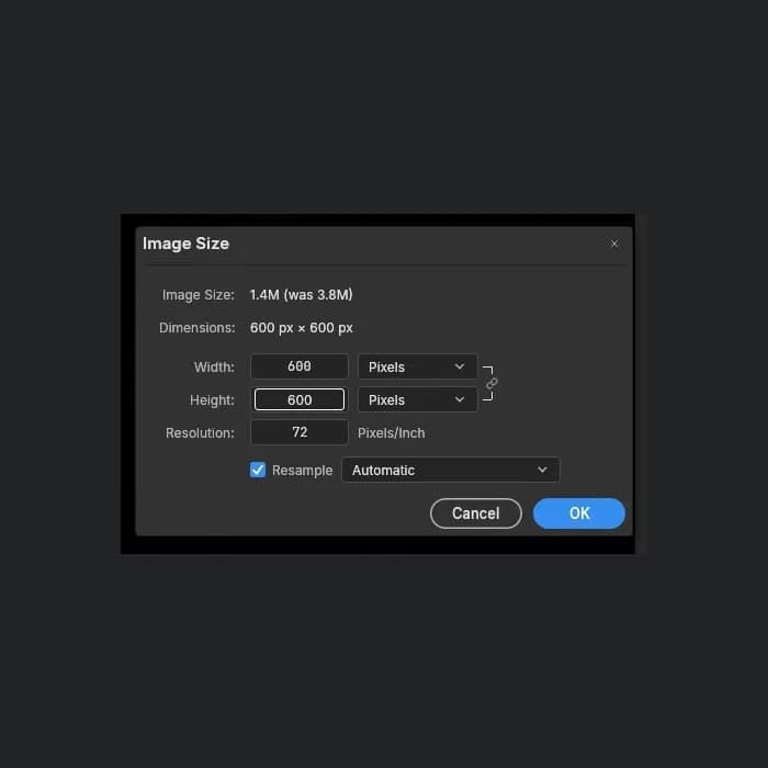 Hộp Image Size thật của PhotoCraft 0.15.1 đặt Width và Height 600 pixel, bật Resample