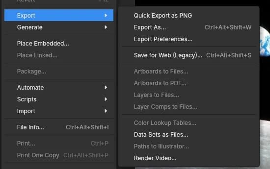Menu File → Export của PhotoCraft 0.15.1 với lựa chọn Quick Export as PNG