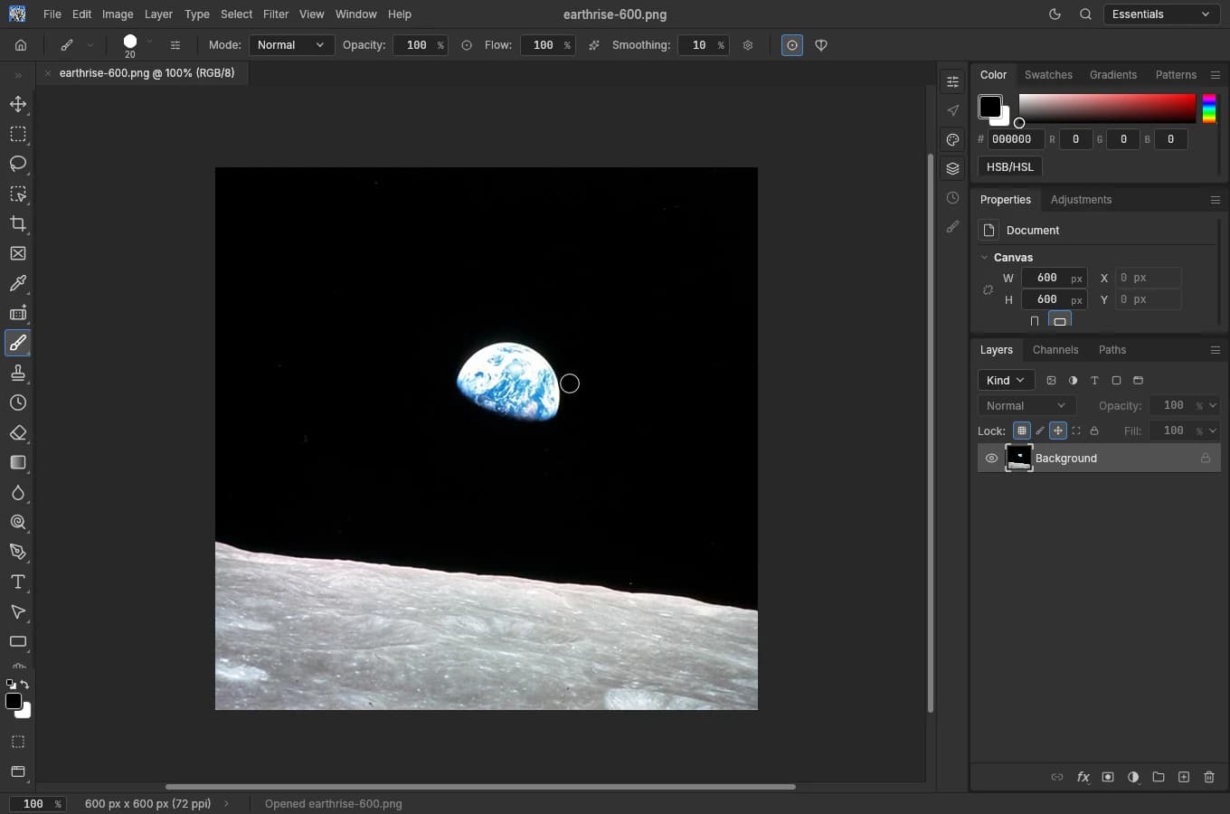 PhotoCraft 0.15.1 mở lại earthrise-600.png đã xuất, với Canvas Width và Height đều 600 px