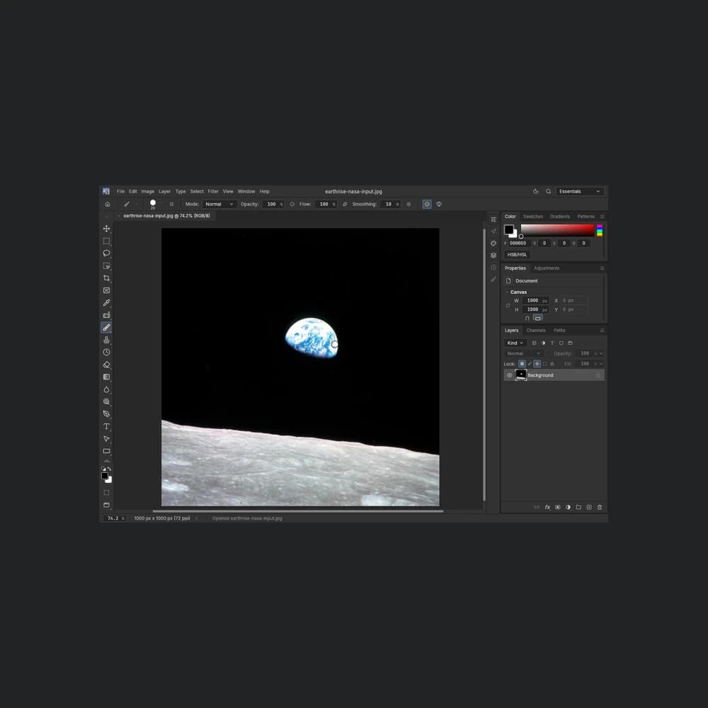 Giao diện PhotoCraft 0.15.1 đang mở ảnh Earthrise JPEG với bảng Layers bên phải