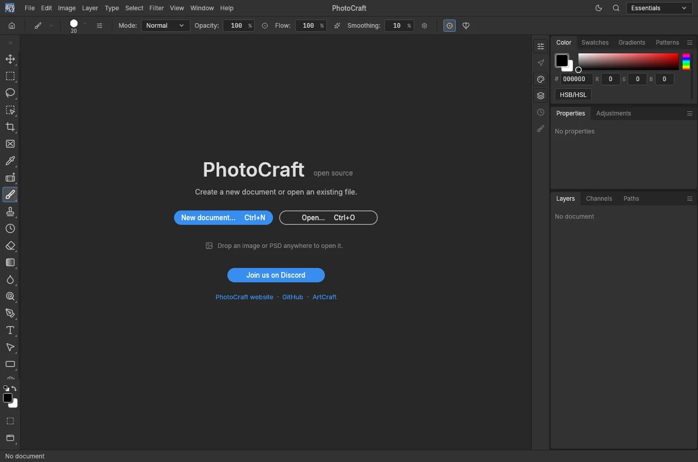 Màn hình bắt đầu thật của PhotoCraft 0.15.1 với nút New document… và Open…