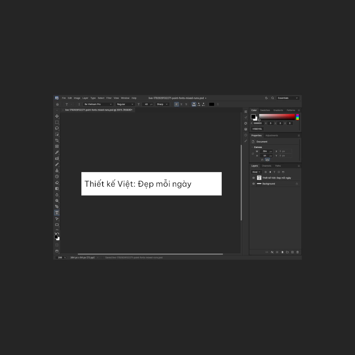 Public PhotoCraft reopens a Vietnamese-text PSD using Be Vietnam Pro Regular 22 pt, viewed at 200% zoom with two layers retained.