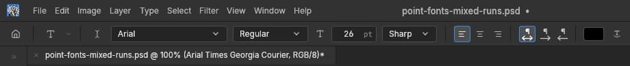 PhotoCraft’s Type toolbar shows Arial Regular 26 pt for the selected sample text layer.