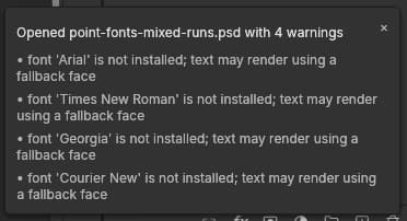 PhotoCraft’s actual notification lists Arial, Times New Roman, Georgia and Courier New as missing.