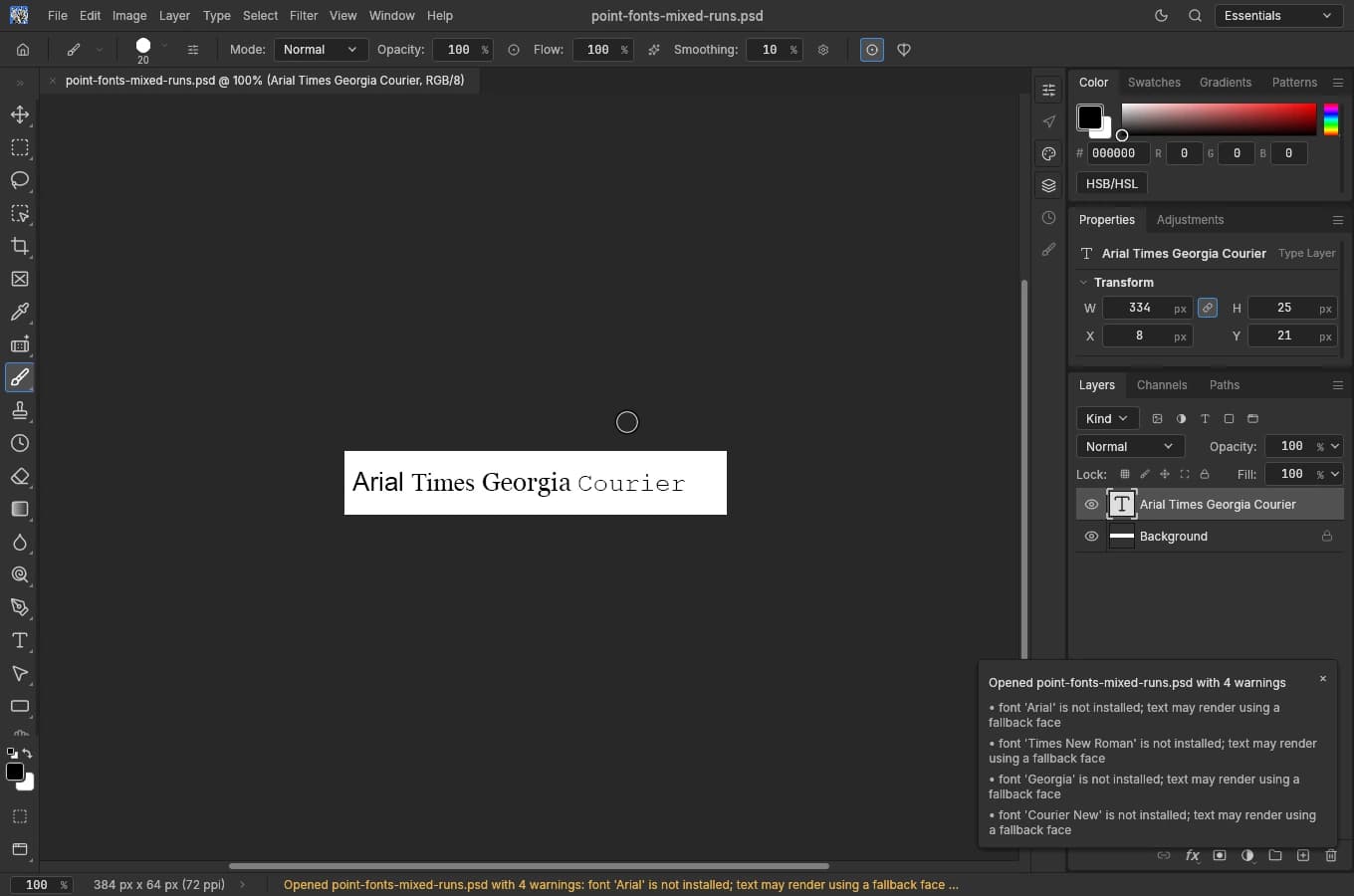 PhotoCraft 0.15.1 opens a 384 × 64 PSD with a type layer, Background and four missing-font warnings.