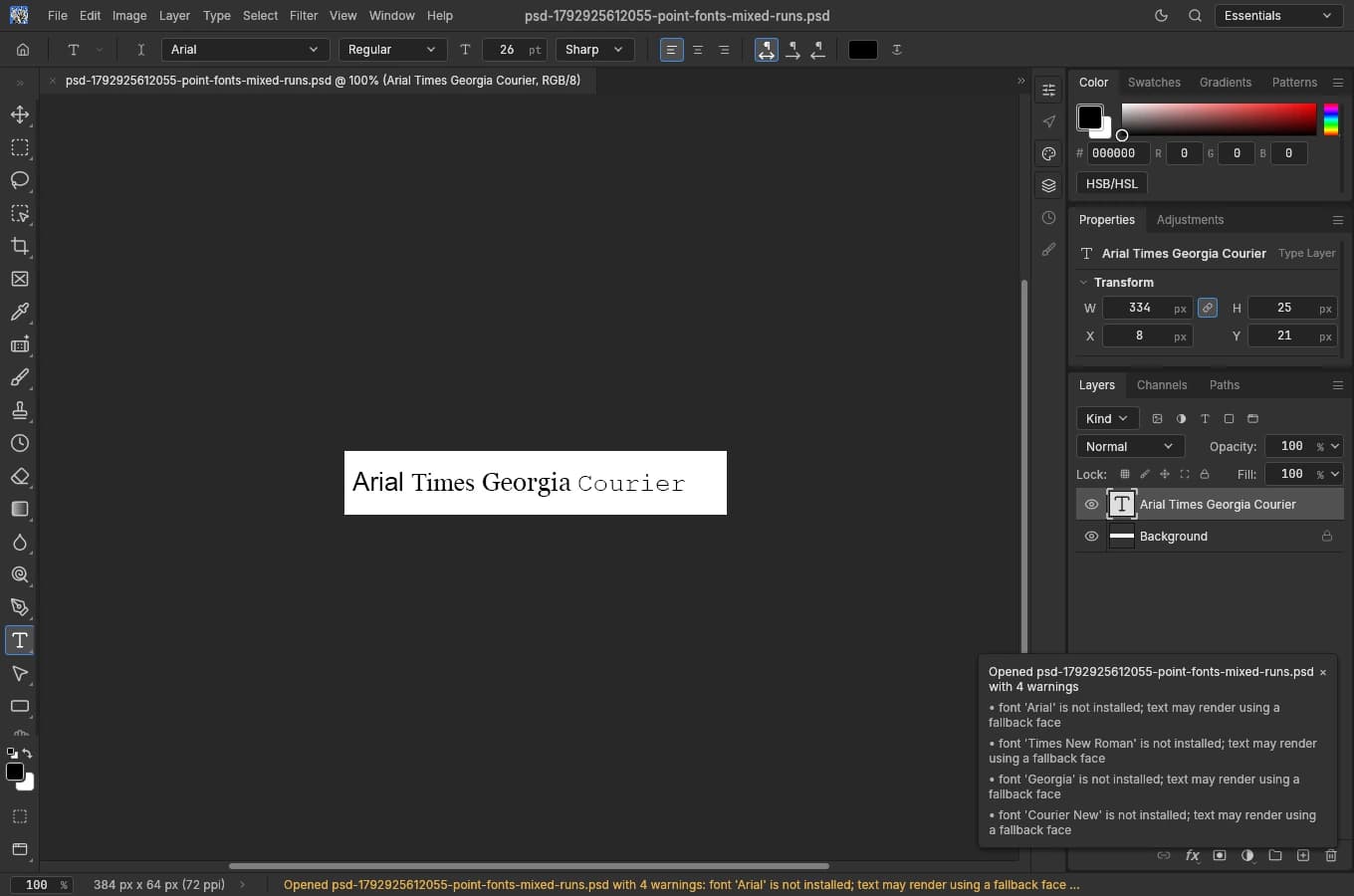 PhotoCraft 0.15.1 reopens the downloaded PSD with its type layer, Background and the same four font warnings.