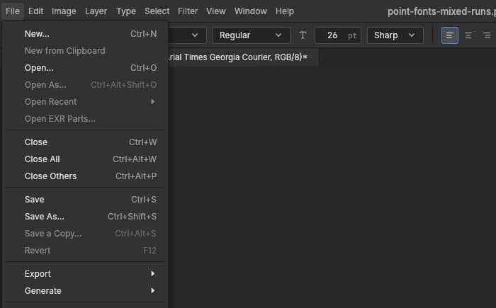 PhotoCraft 0.15.1 File menu includes Save As… for saving the open PSD.