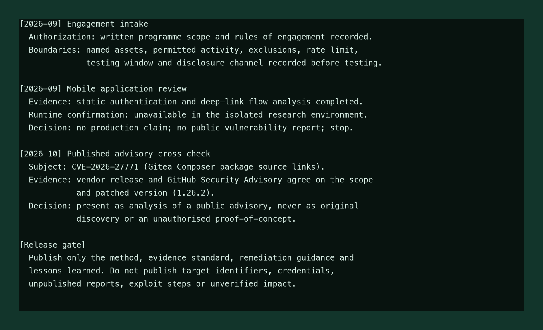 A redacted security-research log excerpt recording authorised scope, the evidence threshold and a decision not to publish an unconfirmed lead.