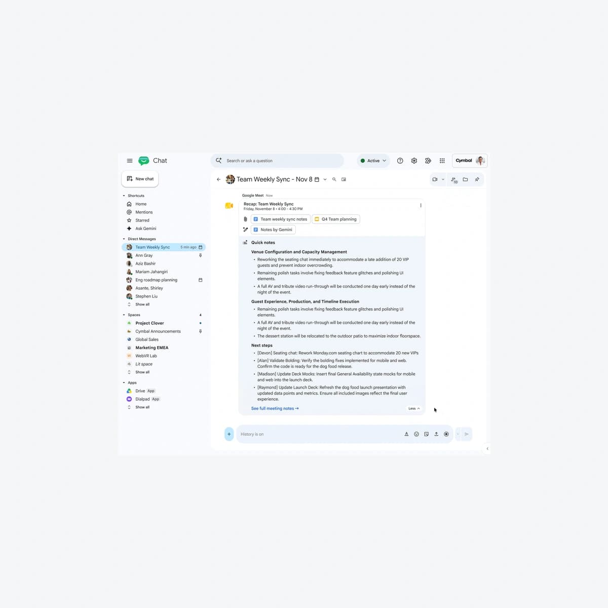 Thẻ Meeting recap mở rộng trong Google Chat với Key decisions và Action items, cuộc họp Team Weekly Sync mẫu.
