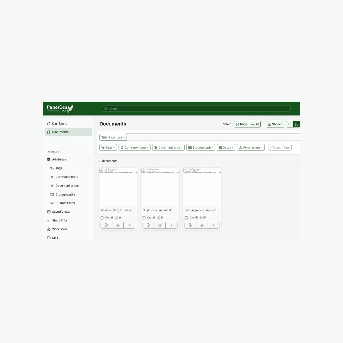 Màn hình Documents của Paperless-ngx 3.3.4 chạy cục bộ với ba tài liệu thử do Friday Works tạo