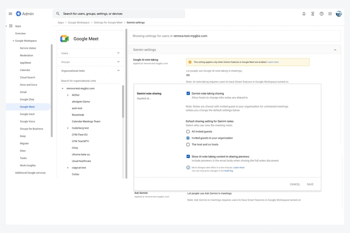 Google Admin console: Google Meet, Gemini settings với quyền note sharing và các lựa chọn người nhận ghi chú mặc định; dữ liệu tổ chức mẫu.
