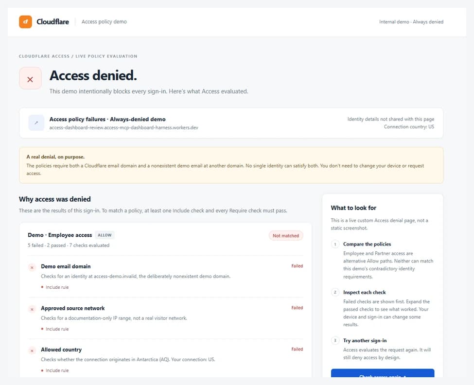 Cloudflare Access custom denial-page demo showing policy evaluation, announced October 27, 2026