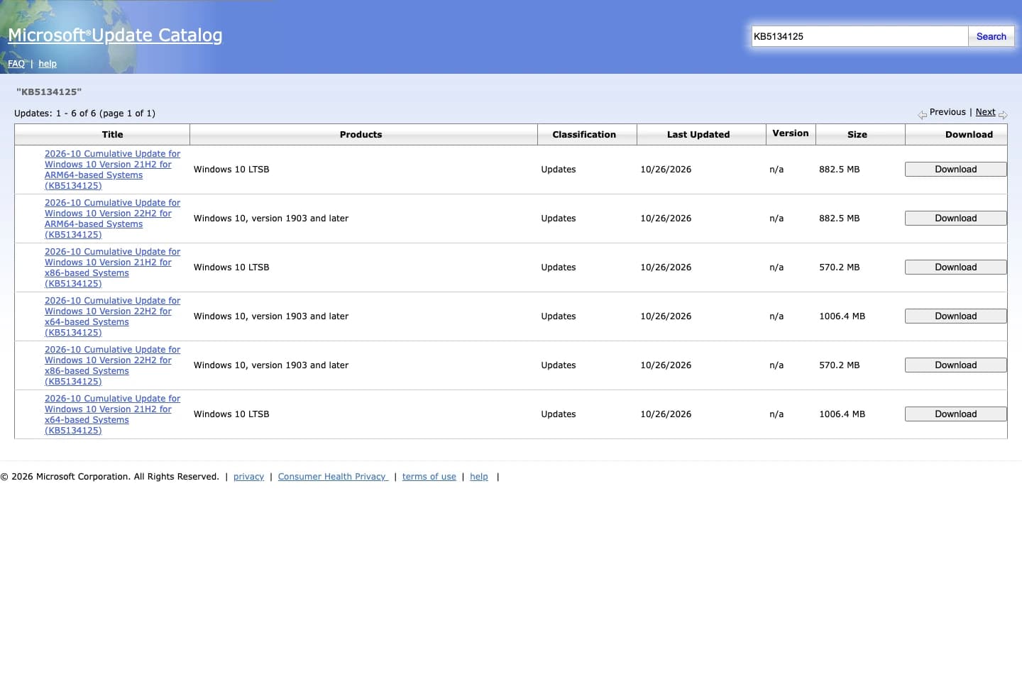 Microsoft Update Catalog showing six KB5134125 packages dated October 26, 2026, captured October 27