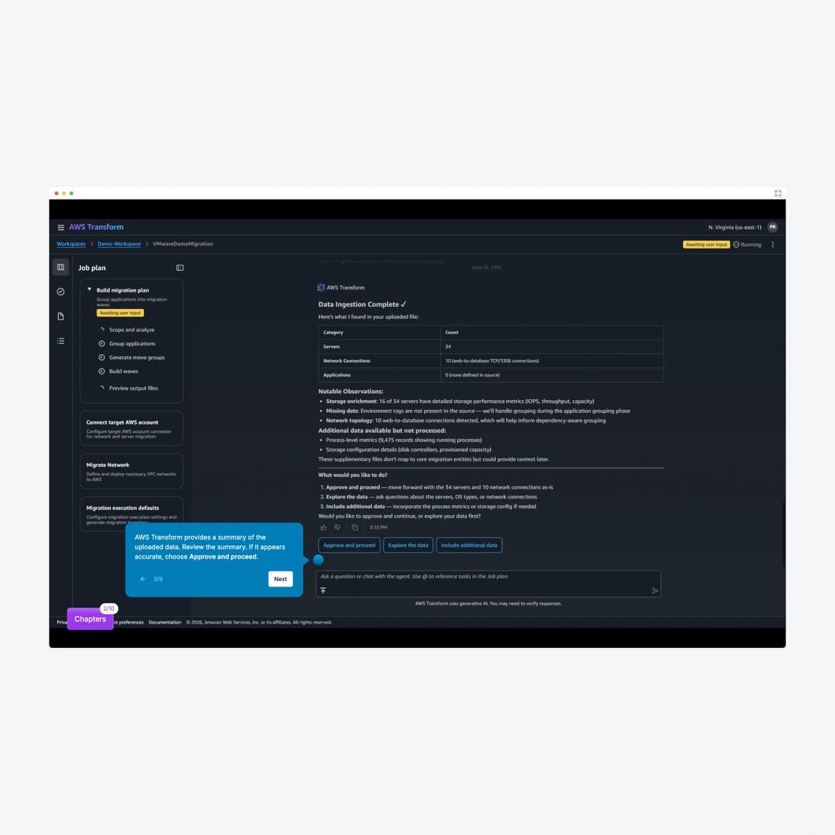 AWS Transform VMwareDemoMigration interface in the official demo, showing Build migration plan and the discovery-data summary; the demo uses N. Virginia, not a Singapore deployment.