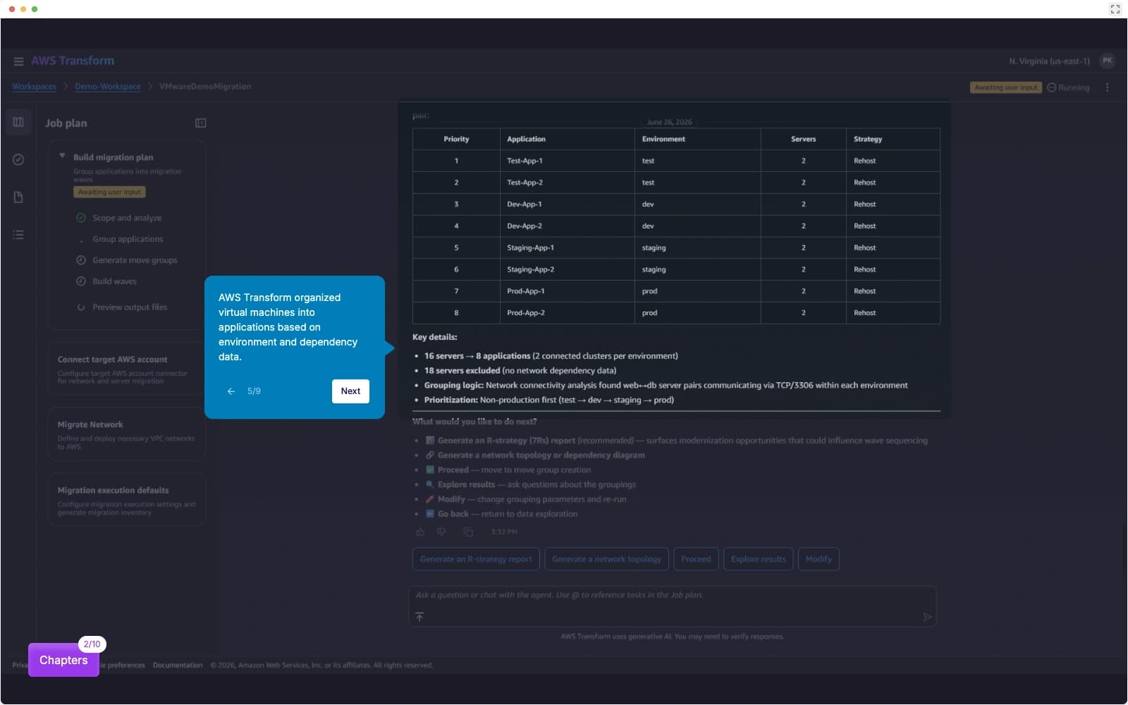 AWS Transform’s official demo interface grouping virtual machines into applications for VMware migration planning.