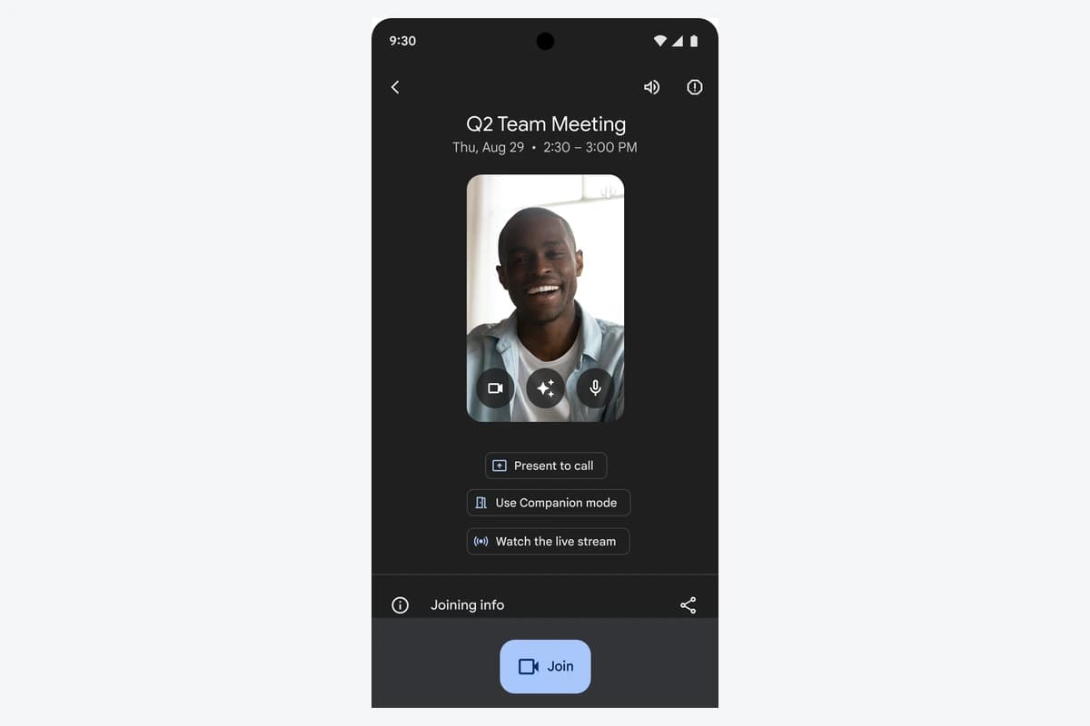 Màn hình chuẩn bị tham gia cuộc gọi Google Meet trên Android, có nút Join; dữ liệu và người trong demo chính thức của Google.