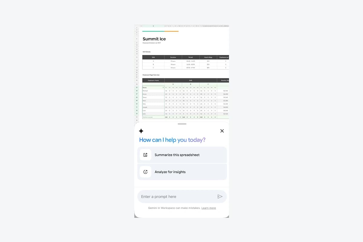 Google Sheets trên iPhone: tab Employee Tracker với bảng Ask Gemini và gợi ý Summarize this spreadsheet, Analyze for insights.