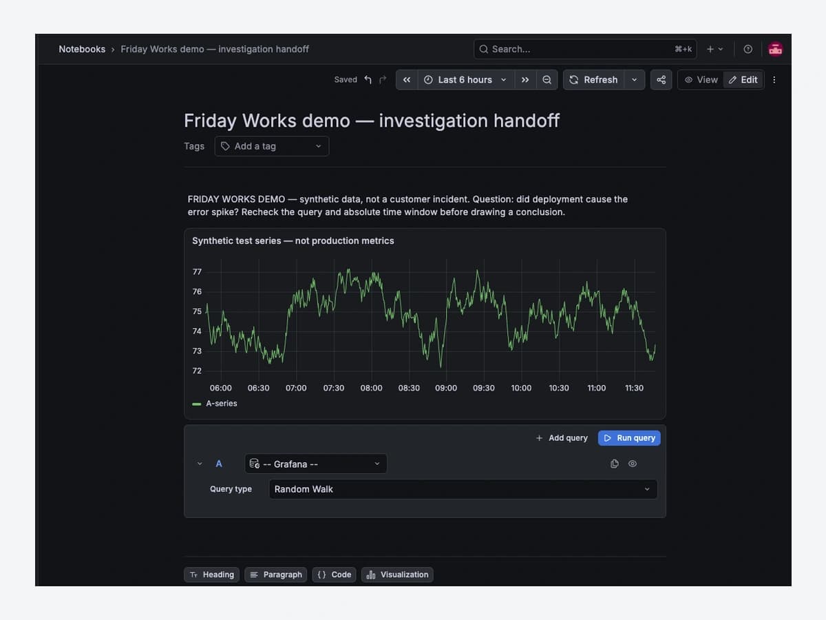 Notebooks trên Grafana 13.3.0 chạy thật: ghi chú bàn giao và biểu đồ Random Walk với dữ liệu giả lập