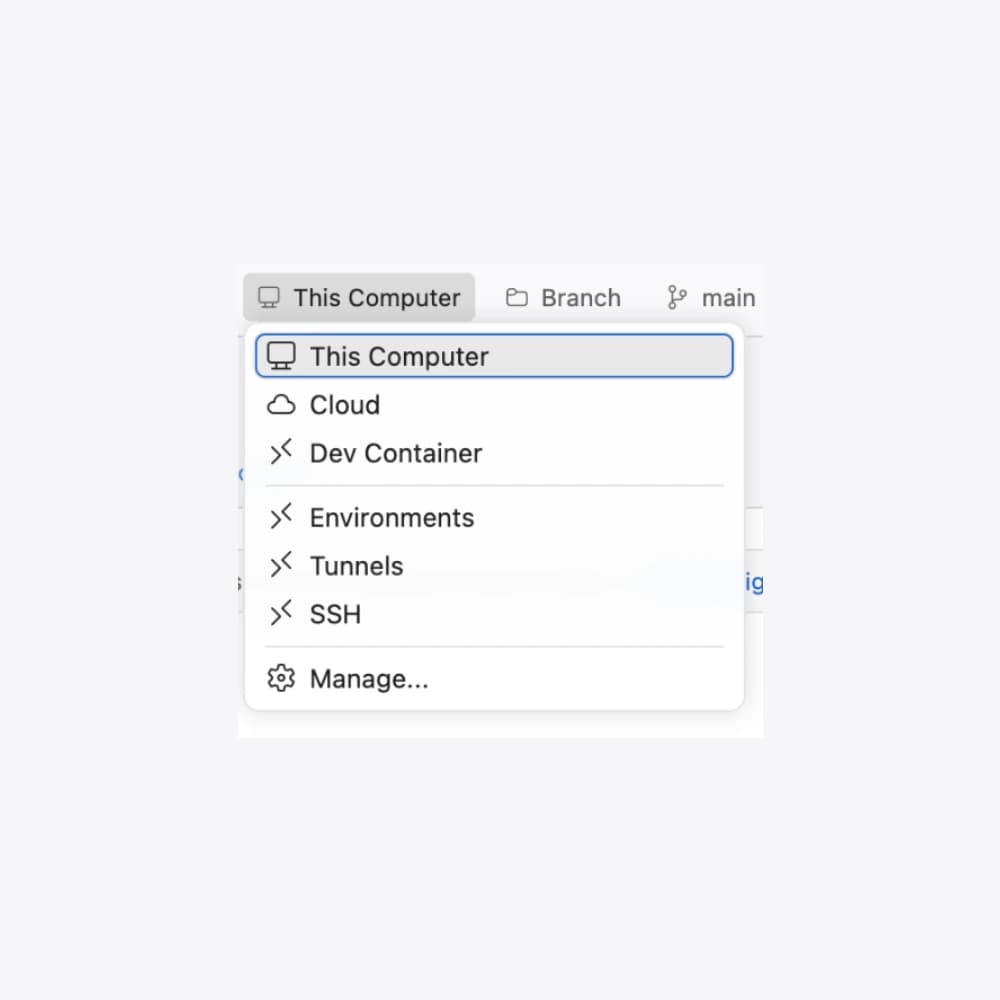 Actual host selector in the official 28 October 2026 VS Code demo, showing This Computer, Cloud and Dev Container