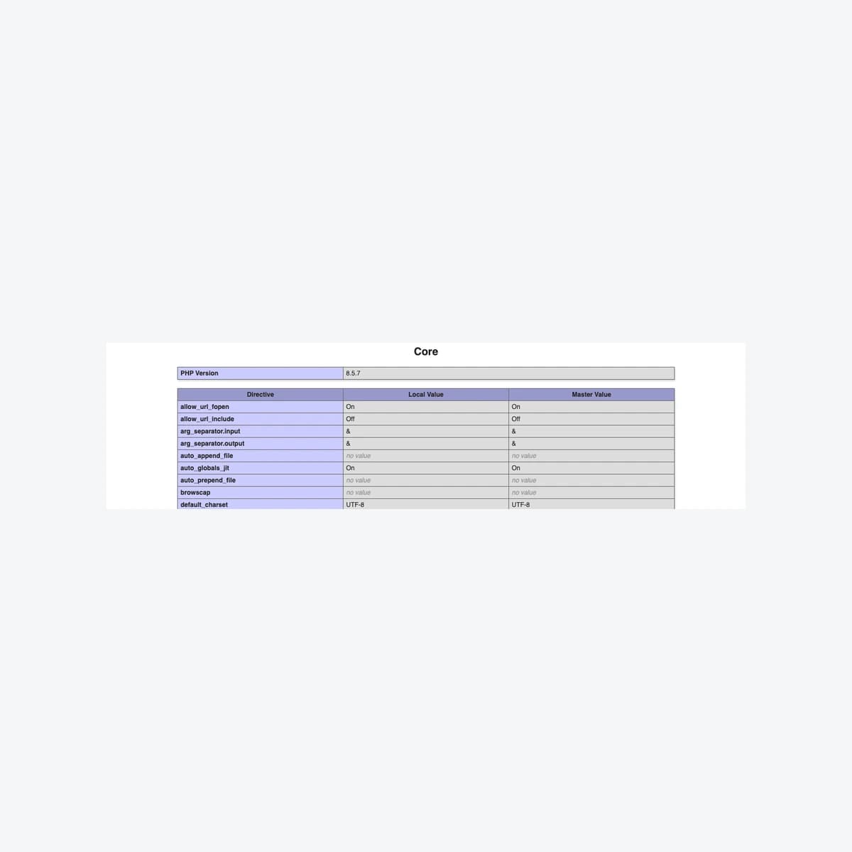phpinfo thật trong PHP 8.5.7: phần Core và PHP Version trên môi trường cục bộ cô lập; chưa phải bản vá dự kiến 21/10.