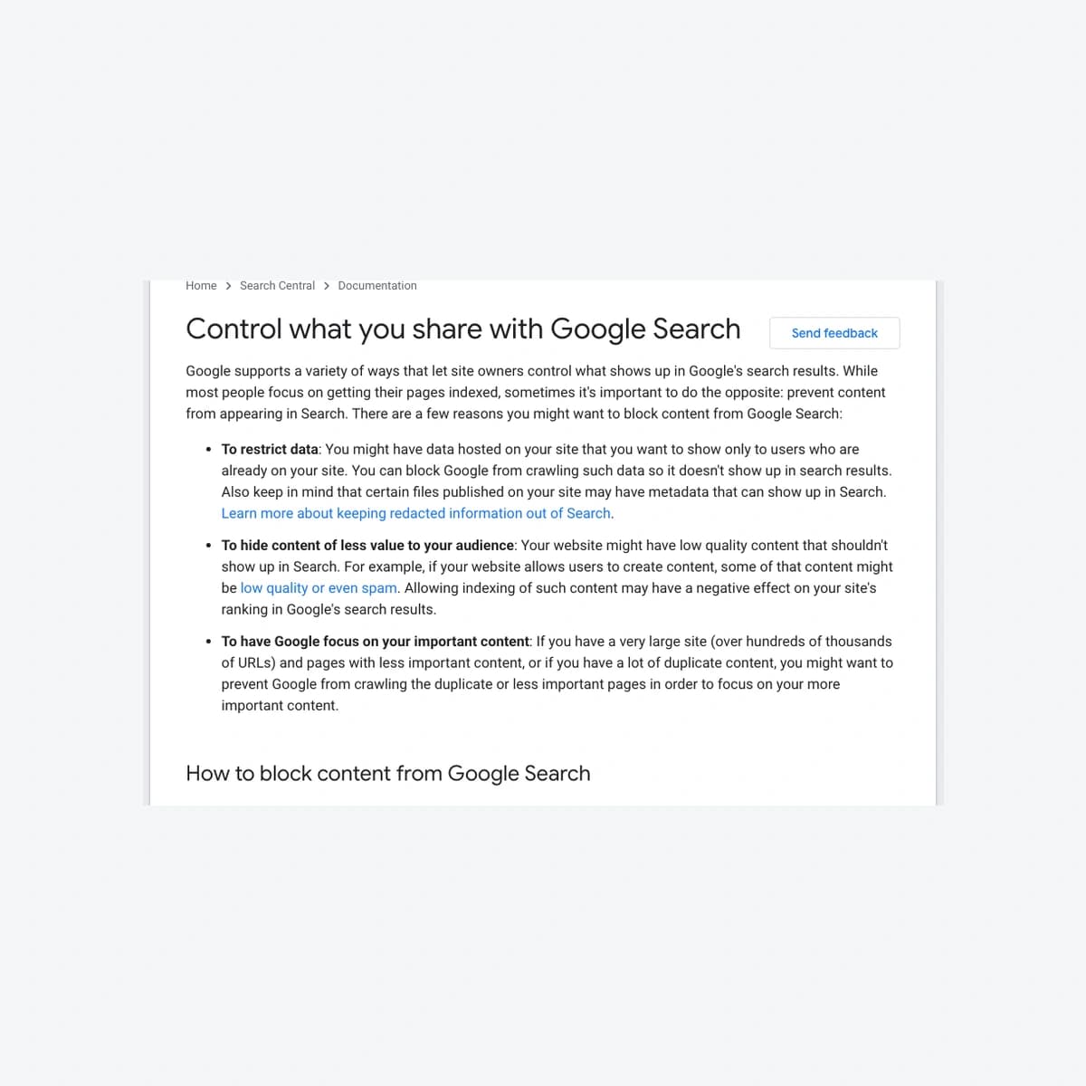 Trang Control what you share with Google Search thật của Google Search Central, bản tài liệu cập nhật 21/10; Friday Works chụp 23/10/2026.