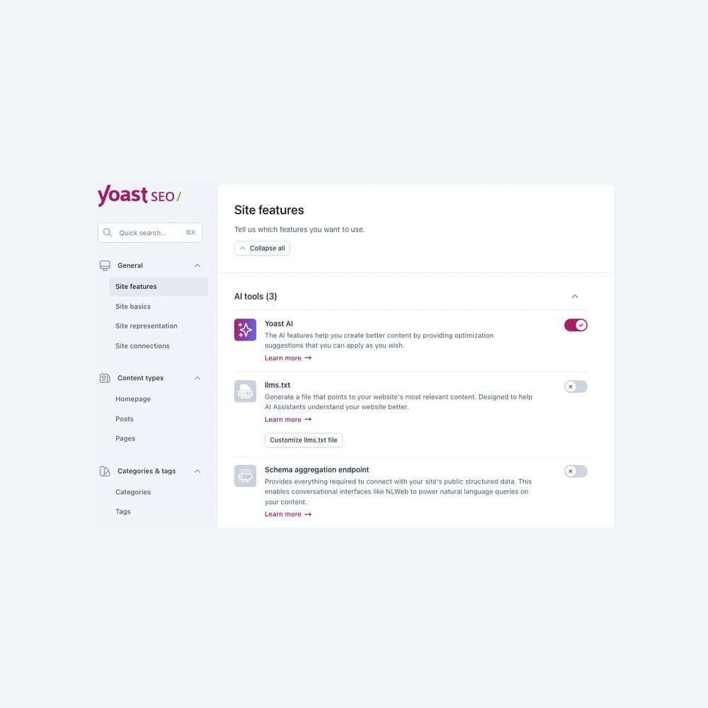 Màn hình Site features của Yoast SEO 28.8 chạy thật trên WordPress 7.1.3, với llms.txt và Schema aggregation endpoint