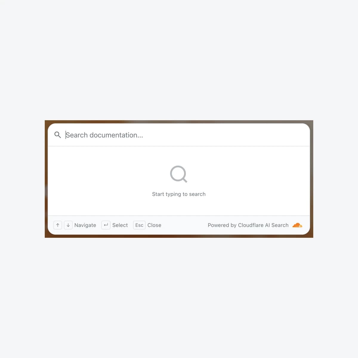 Cloudflare AI Search documentation-search modal from the official UI snippet; the search input is empty.
