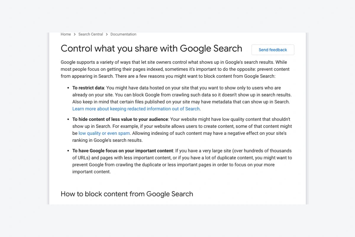 Trang Control what you share with Google Search thật của Google Search Central, bản tài liệu cập nhật 21/10; Friday Works chụp 23/10/2026.