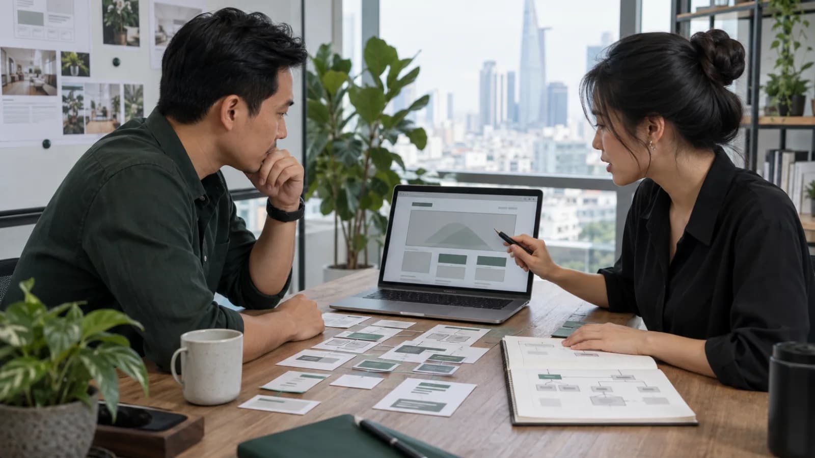 A business owner and product designer in Ho Chi Minh City review a content map for a business website redesign
