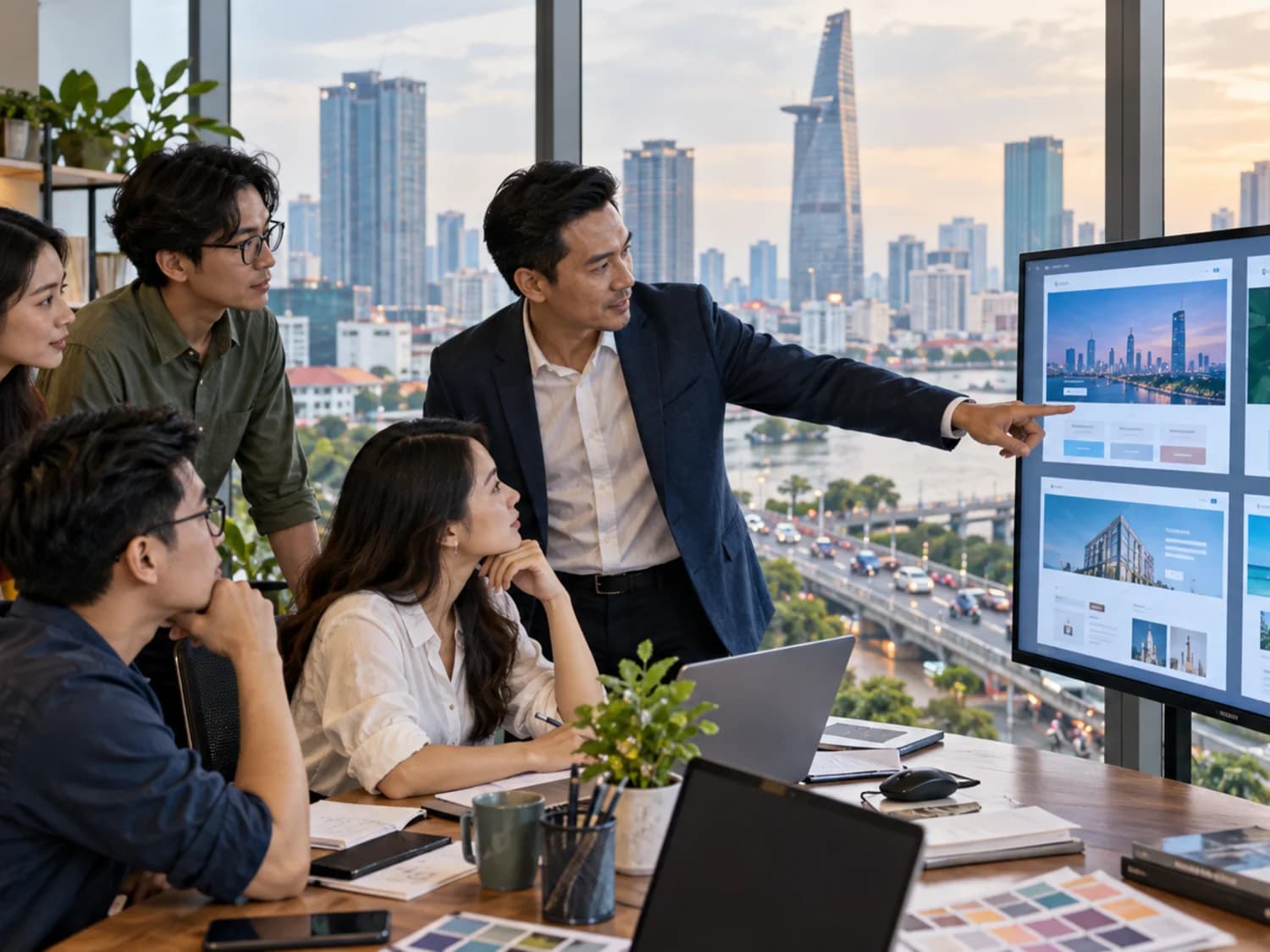 A Ho Chi Minh City business team comparing several website design directions on a large display