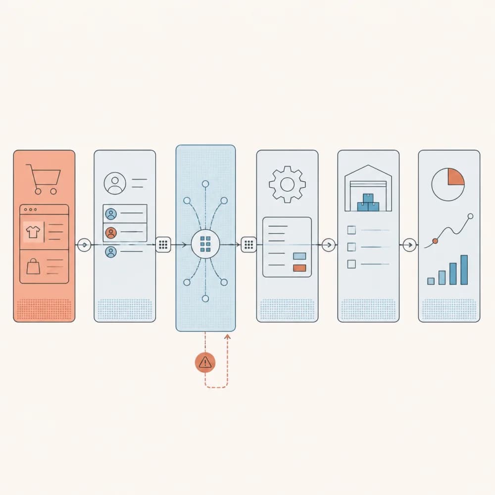 Data flow connecting commerce, CRM, ERP, warehouse and analytics