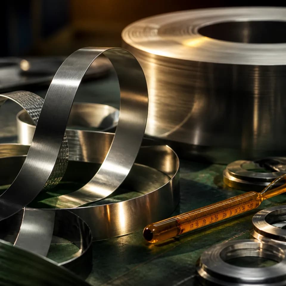 Coiled metal strips and a measuring instrument on an industrial bench