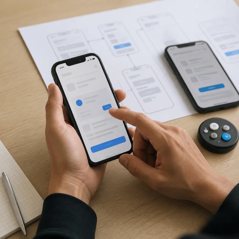 Product designer testing an application on a phone