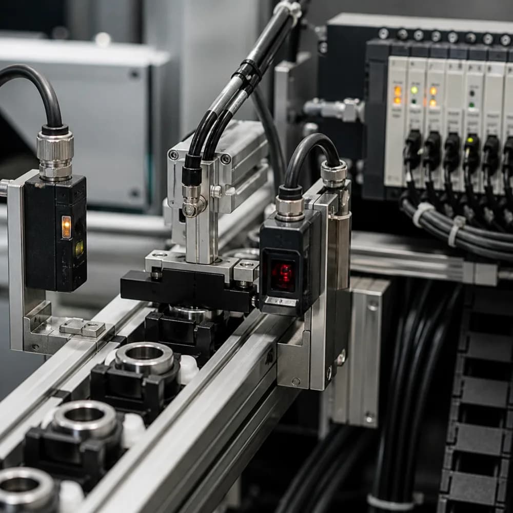 Sensors, reader and PLC controlling an automated production line