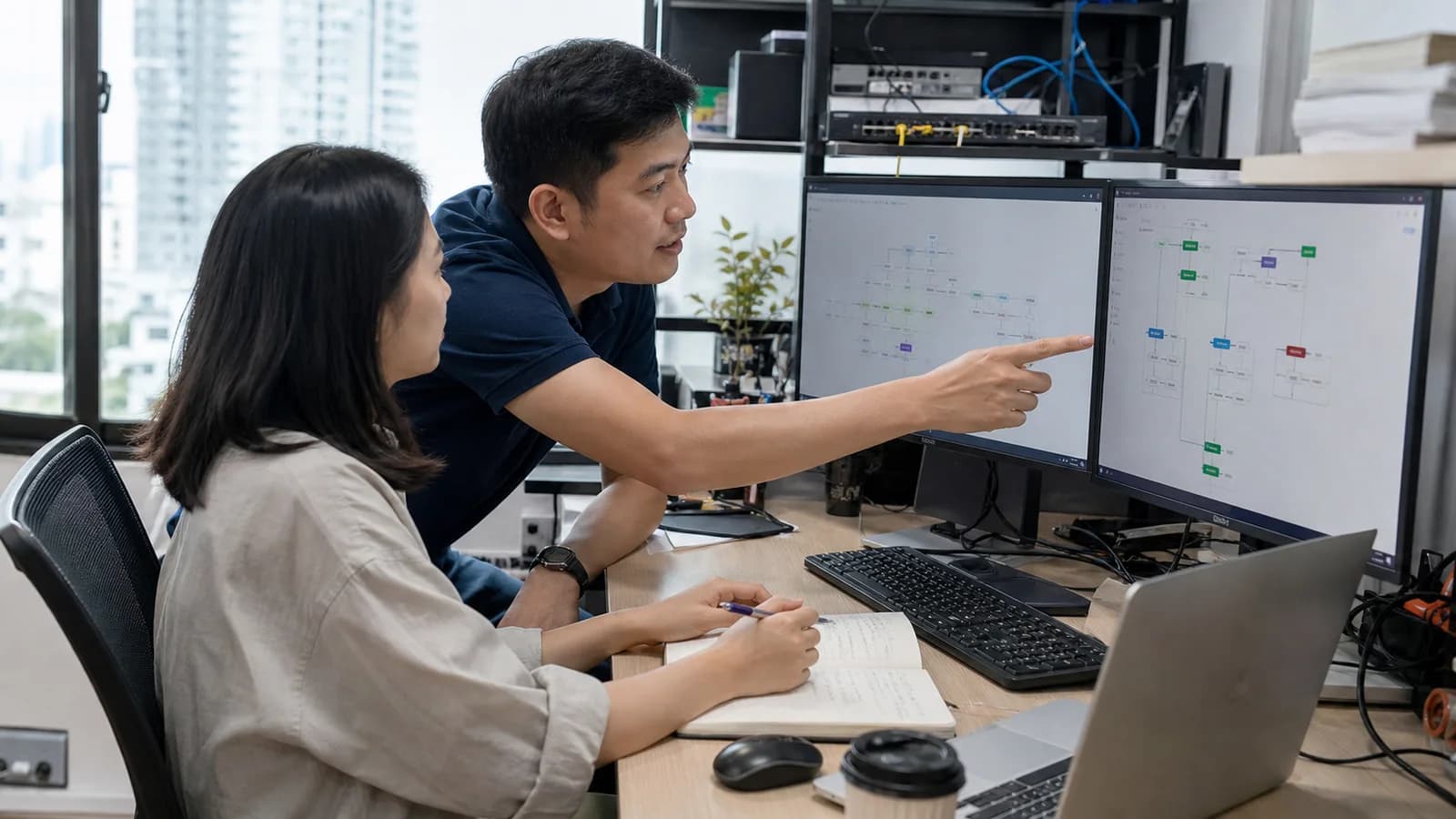 Hai chuyên gia Việt Nam phân tích quy trình AI Agent và dữ liệu vận hành trên màn hình tại văn phòng