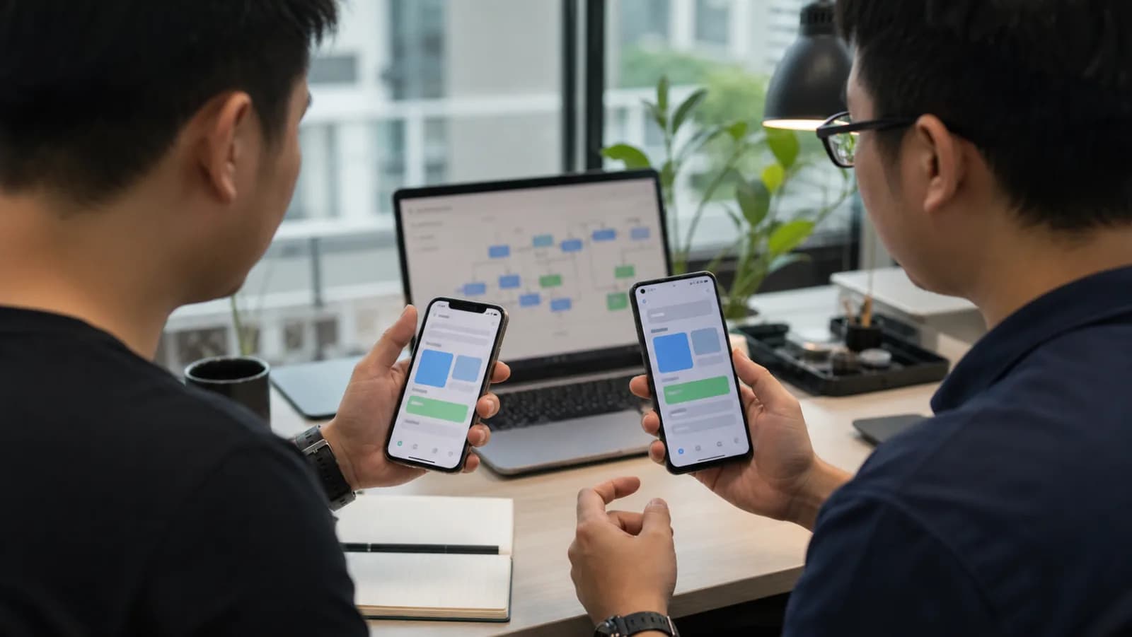 Two Vietnamese mobile engineers testing the same interface on iOS and Android phones