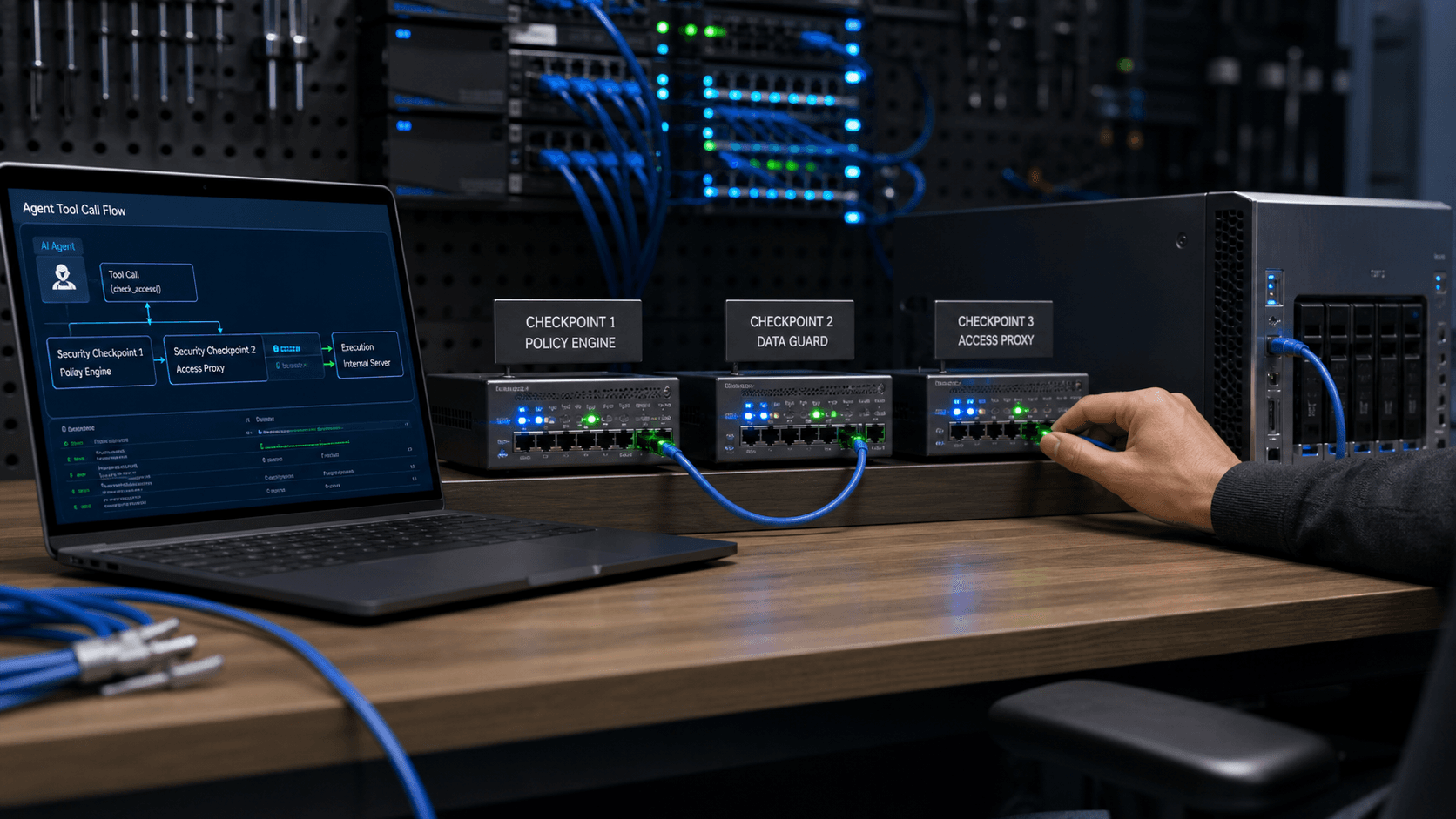 An AI agent connection passes through three control devices before reaching a server