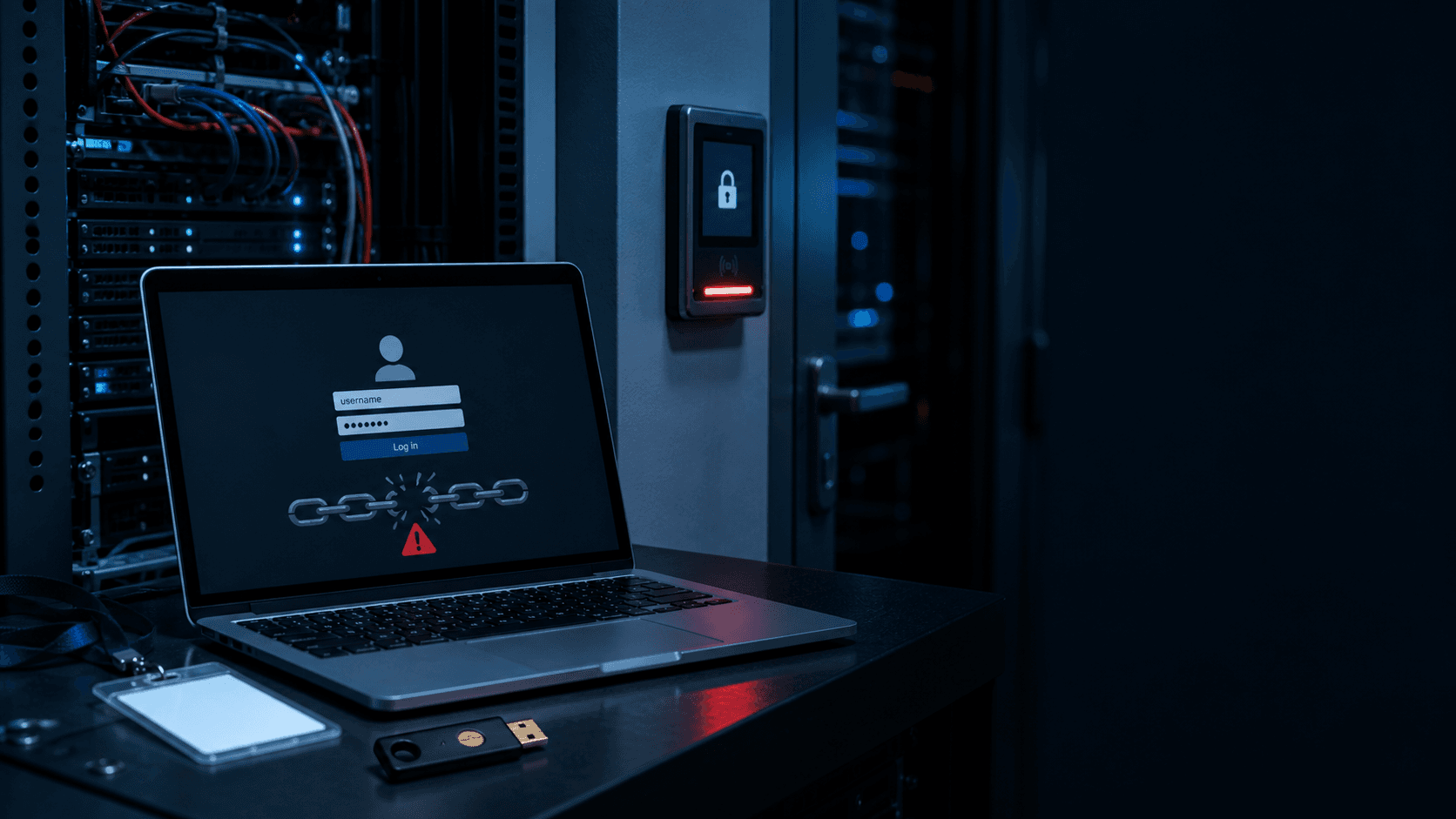 Servers, an access-control terminal and a laptop warning of a broken authentication chain in a server room
