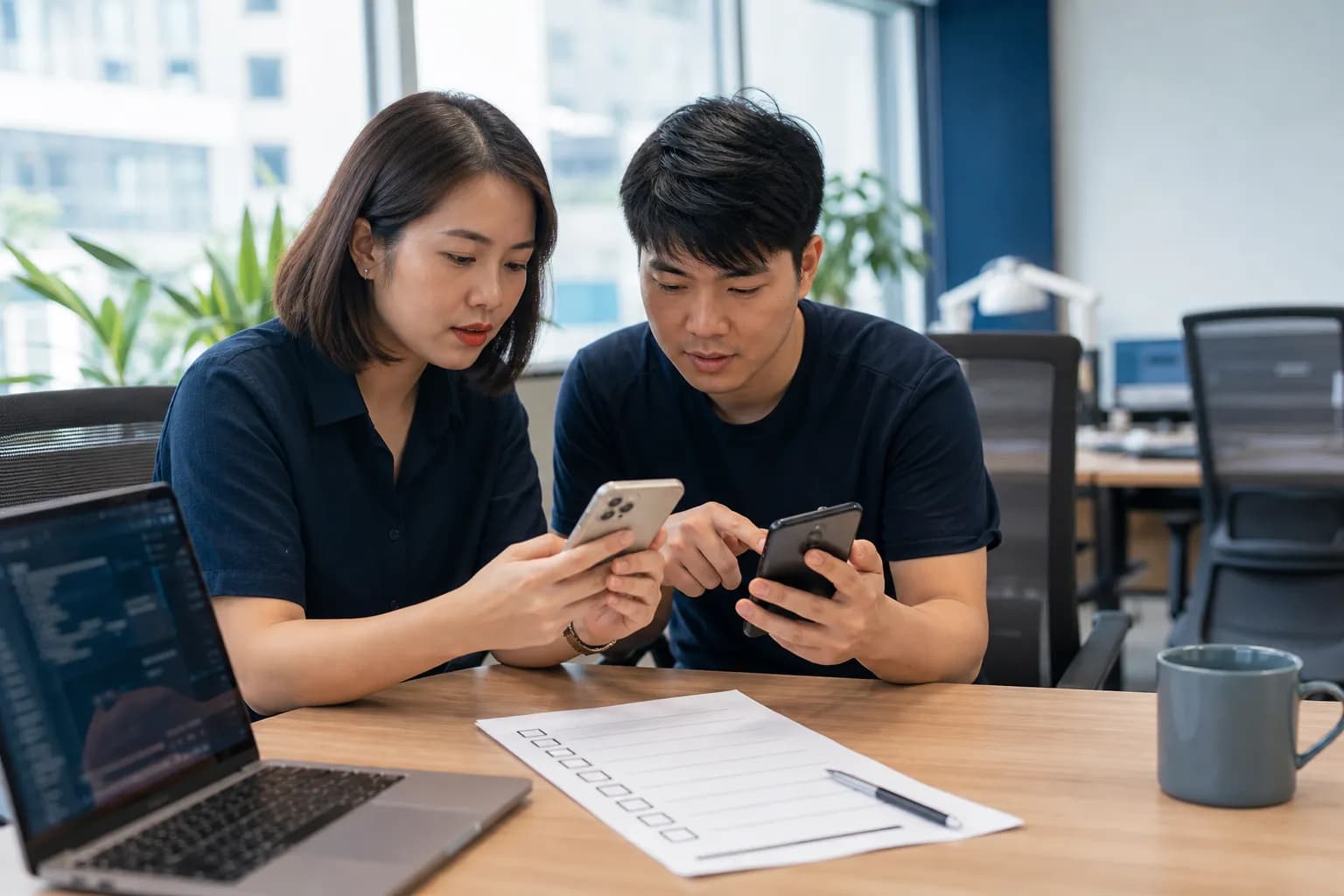 A business owner and mobile engineer testing a beta app on two phones before handover