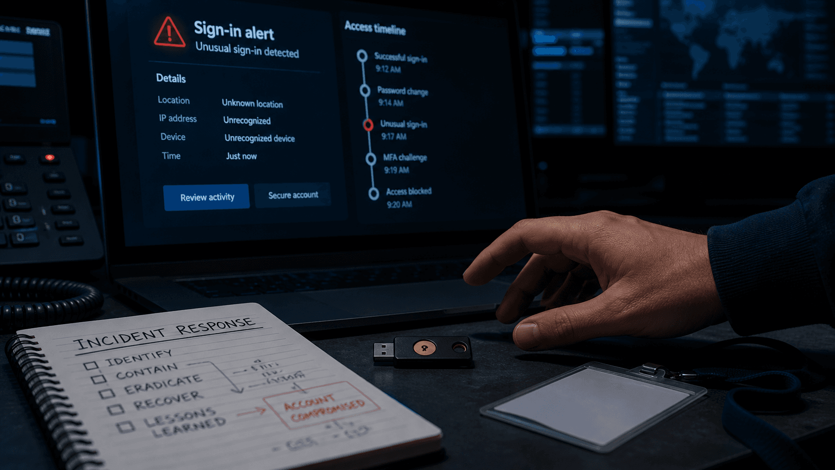 A security desk with an unusual sign-in alert, a hardware key and an incident-response notebook