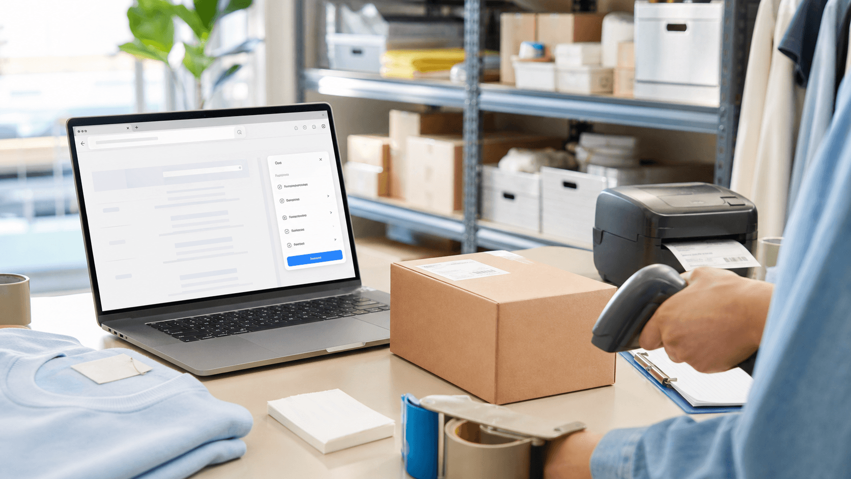 Bàn xử lý đơn hàng với laptop, máy quét mã vạch và giao diện công cụ dành cho AI agent