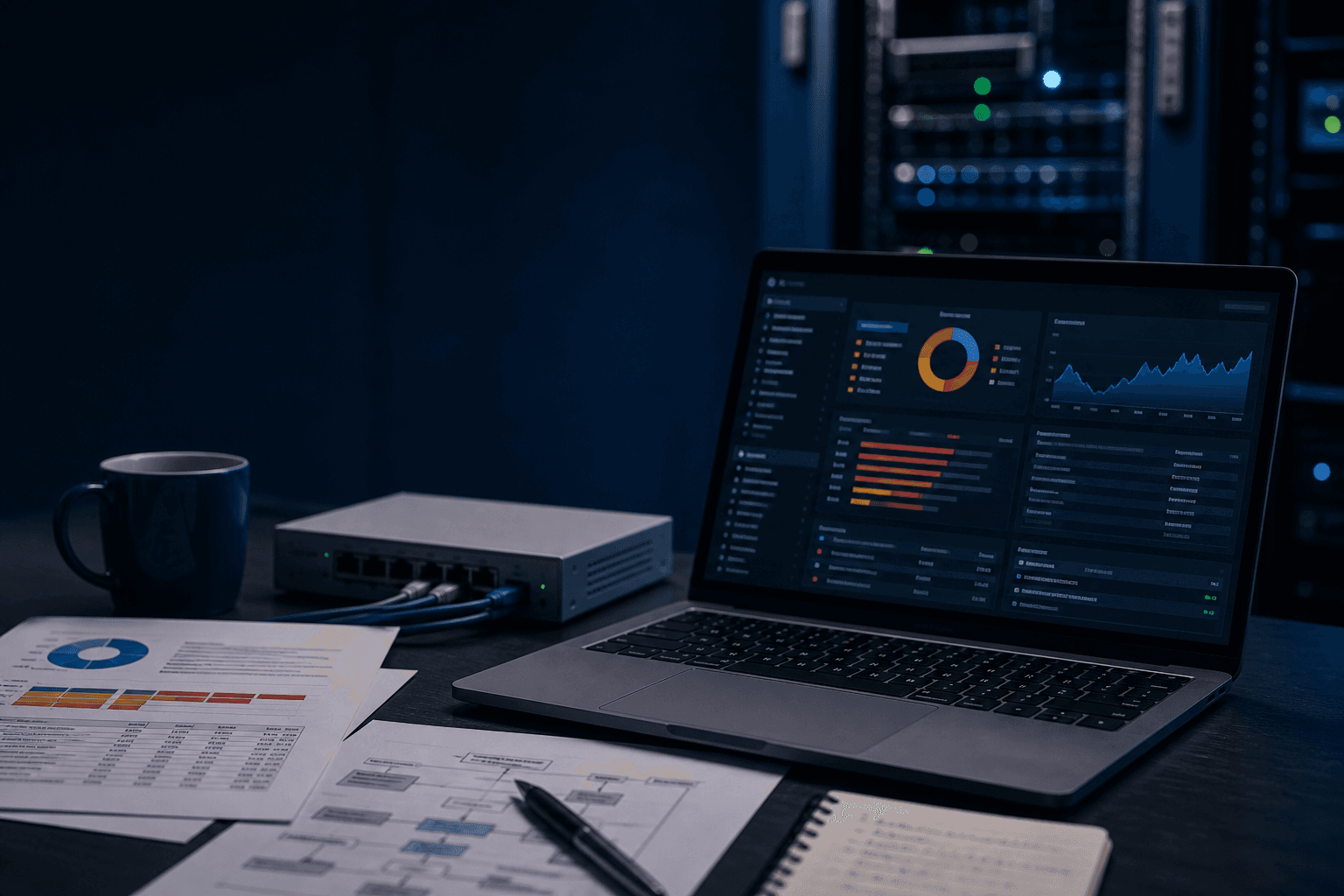 Laptop showing a website security scan dashboard beside network equipment and remediation notes
