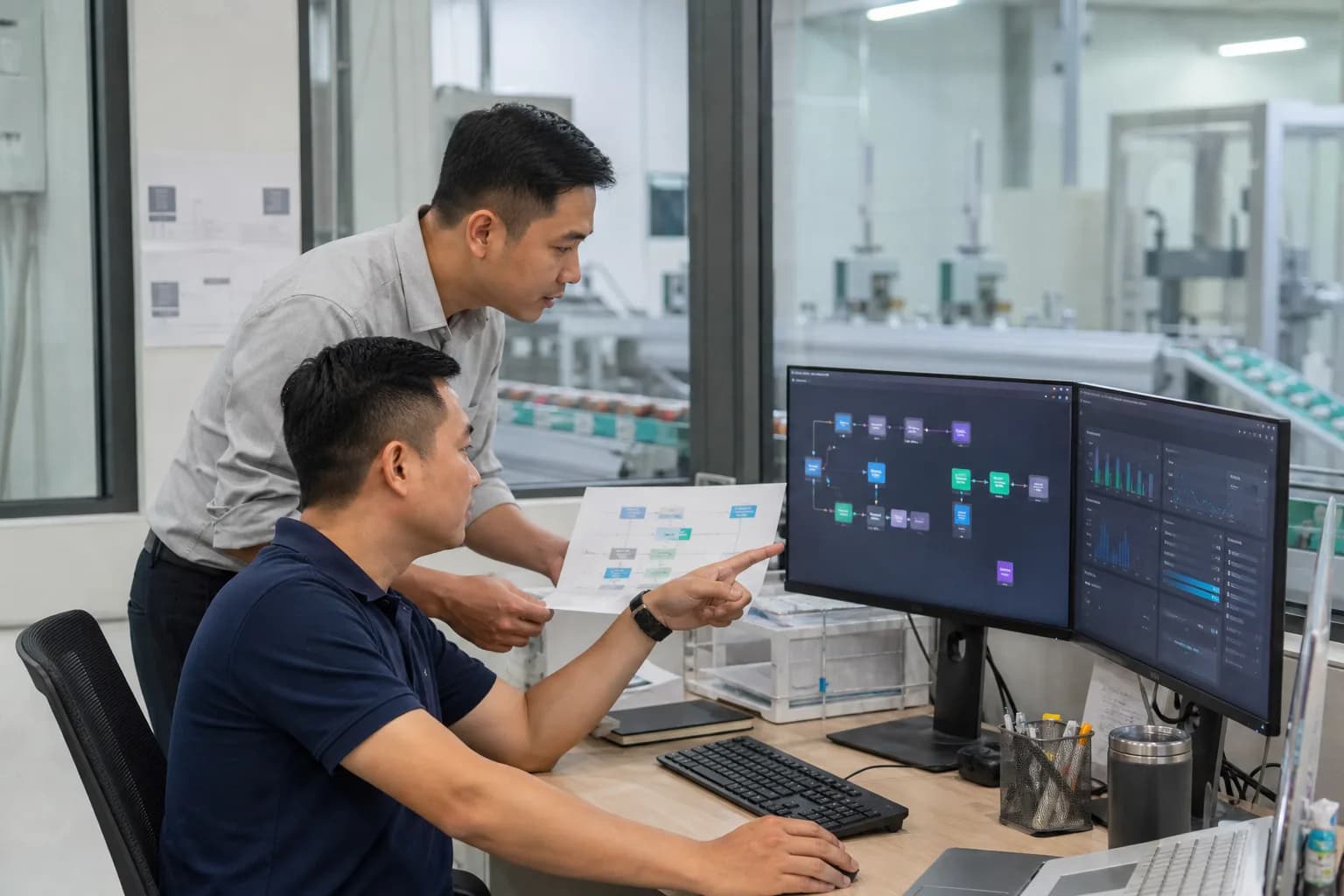 Two Vietnamese operations professionals reviewing an automated workflow beside a production line