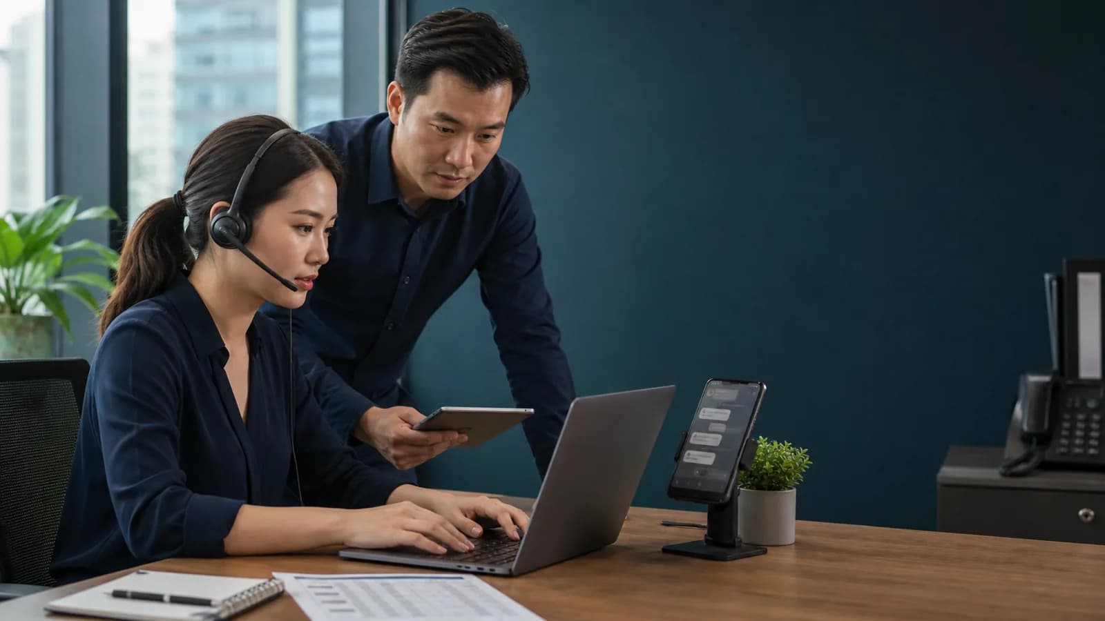 A customer service specialist and manager supervising an AI chatbot workflow for Zalo OA