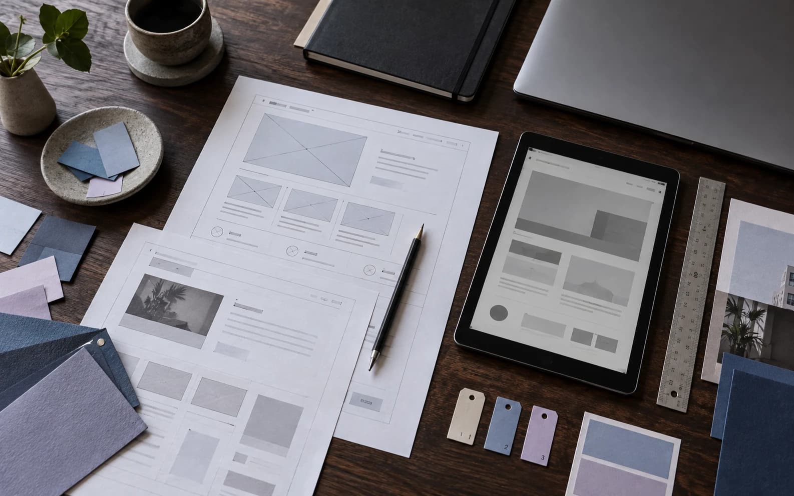 A studio table with website wireframes, a tablet, ruler and material swatches for a business website design brief