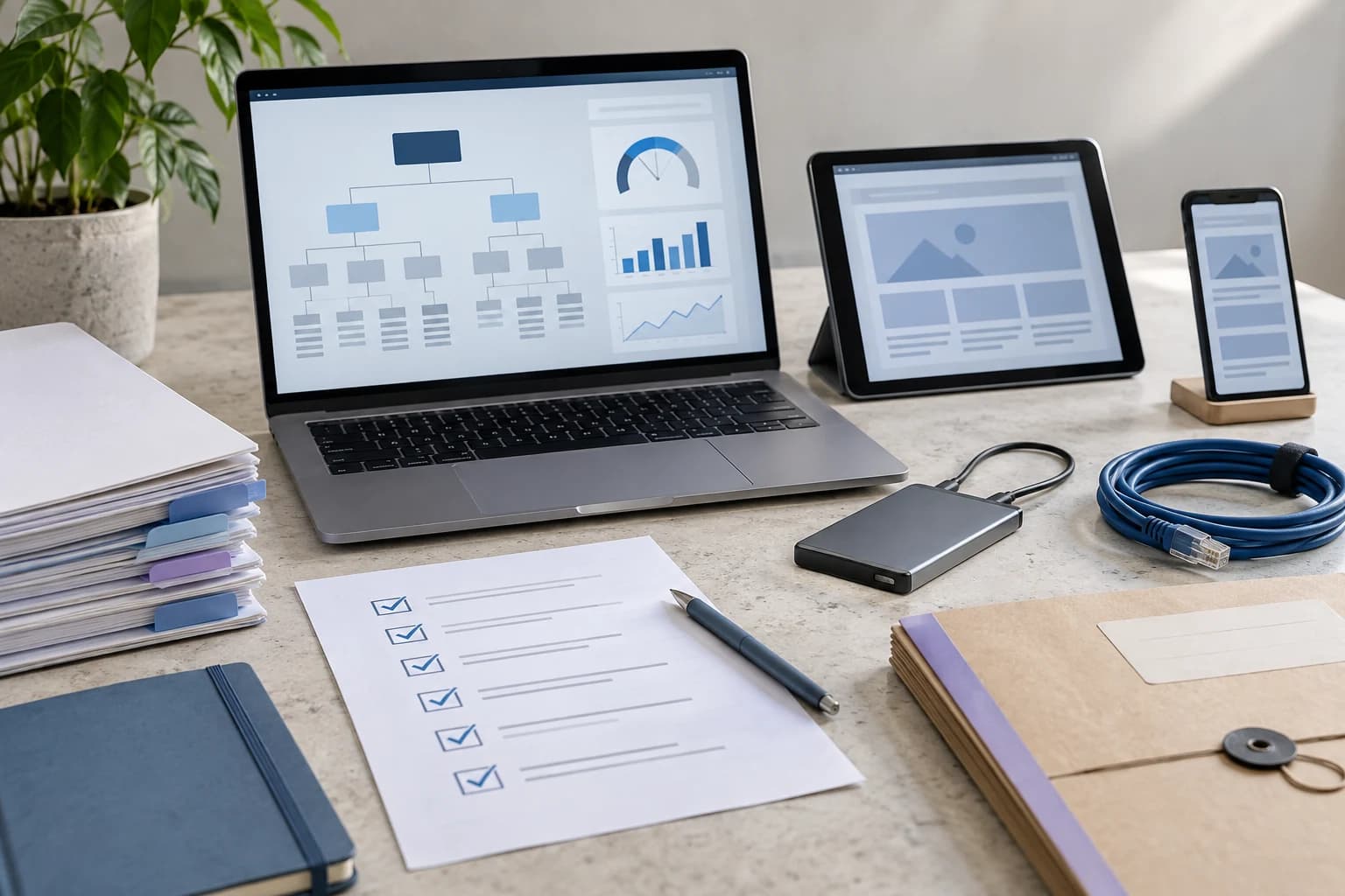 A website handover kit with a laptop, tablet, phone, storage drive and testing checklist