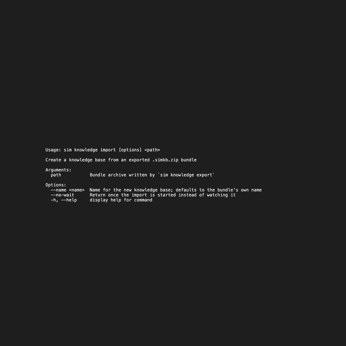 Trợ giúp thật của sim knowledge import chạy từ mã nguồn Sim v0.9.32, với gói .simkb.zip và tùy chọn name, no-wait