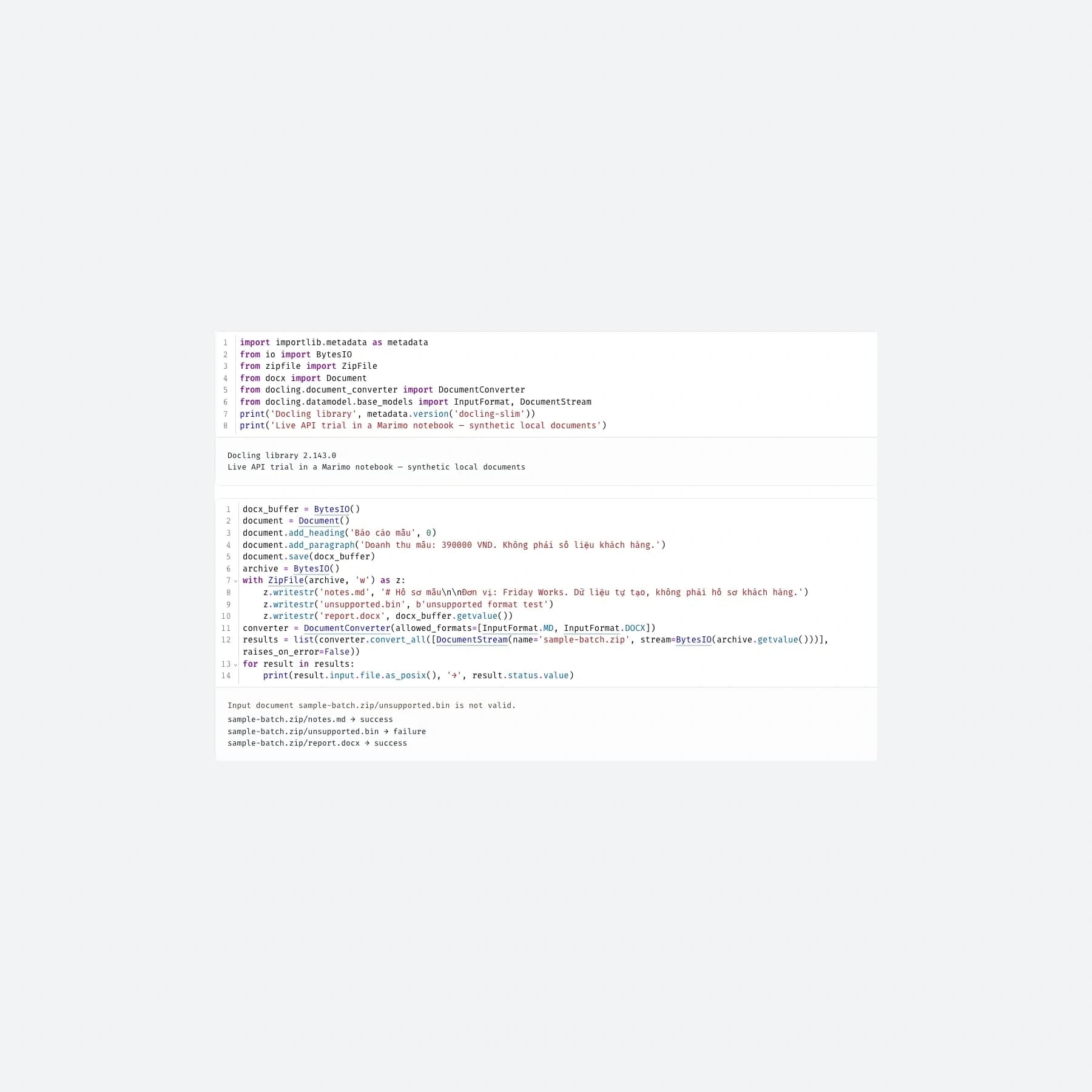 Notebook Marimo chạy API Docling 2.143.0 thật: ZIP mẫu có Markdown, DOCX và một thành viên lỗi