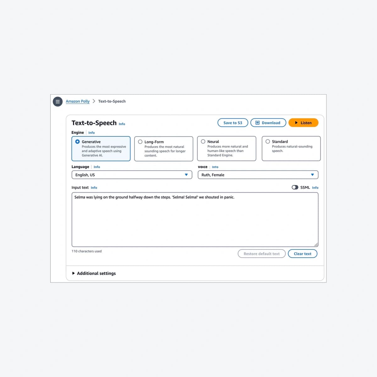 Amazon Polly Text-to-Speech: Generative được chọn, English US và Ruth; ảnh demo AWS ngày 08/05/2024.